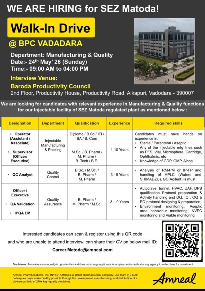 Amneal Pharmaceuticals Walk-In Drive – Manufacturing & Quality Roles