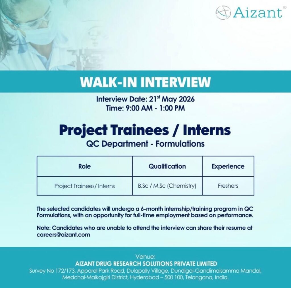 Aizant is conducting a walk-in interview for Project Trainees/ Interns