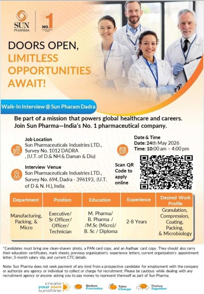 Sun Pharma Walk-In Interview | Manufacturing, Packing & Microbiology Dept