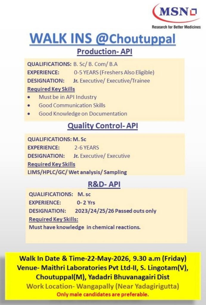 MSN Laboratories Walk-In Interview for Production, QC & R&D API Departments