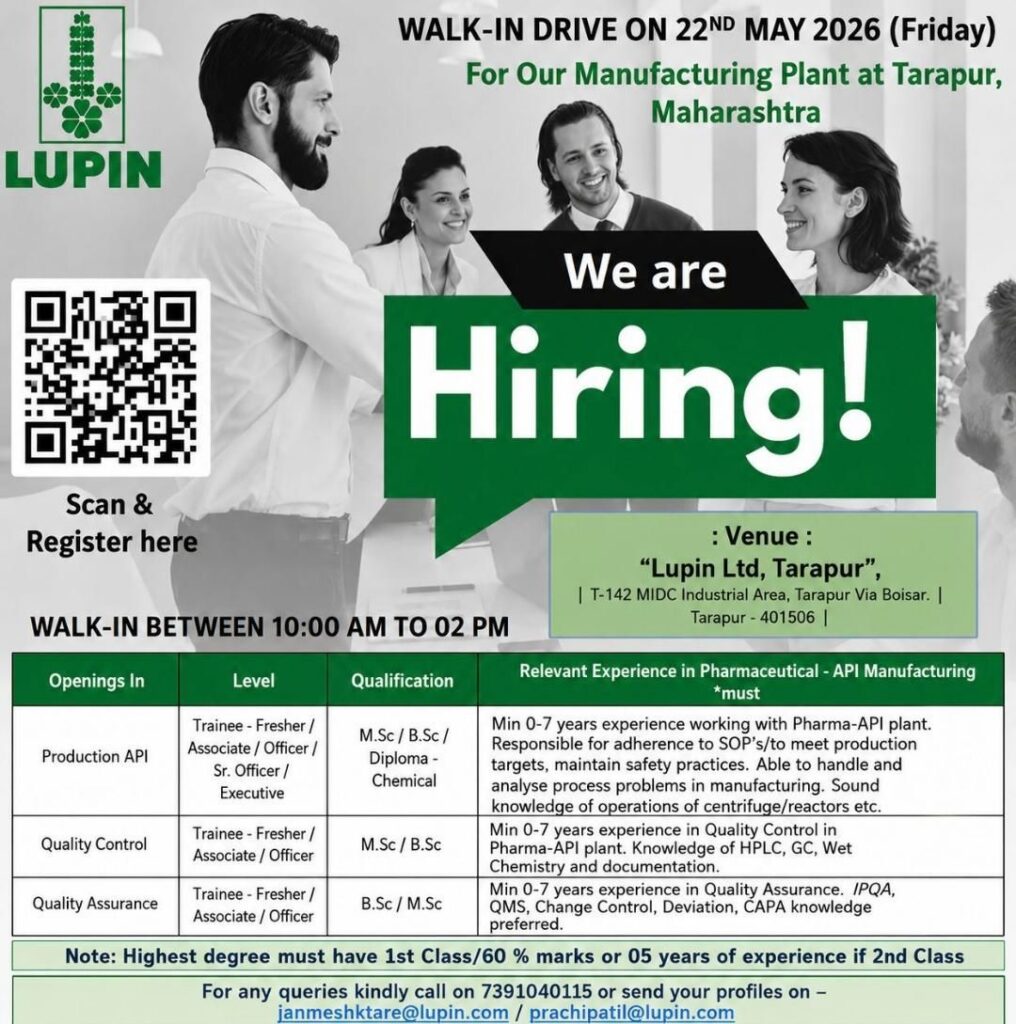 Lupin Walk-In Drive 2026 for Production, QC & QA at Tarapur Plant