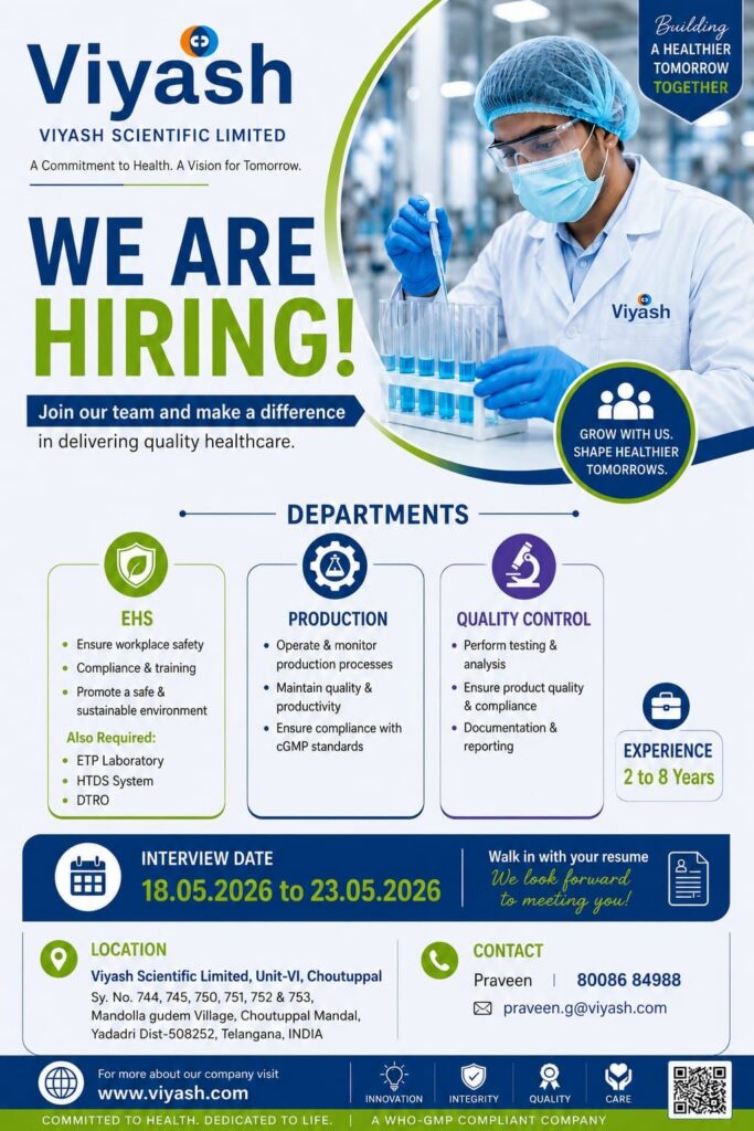 Viyash Scientific Limited Recruitment 2026