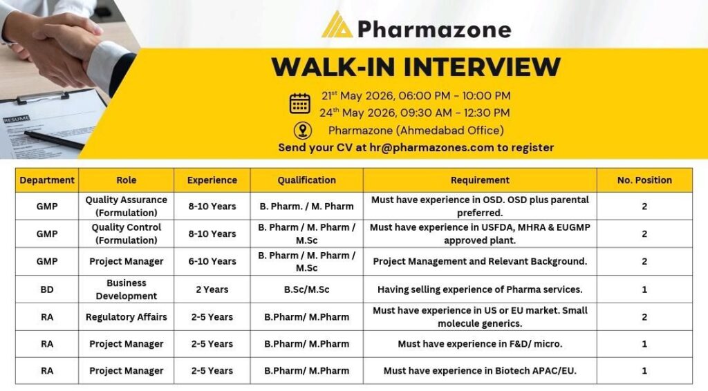 Pharmazone is conducting a walk-in interview in Ahmedabad