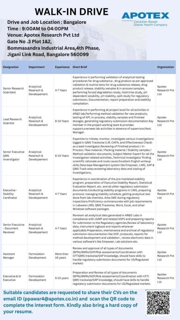 Apotex Walk-In Drive for AR&D, Engineering & Formulation Departments in Bangalore