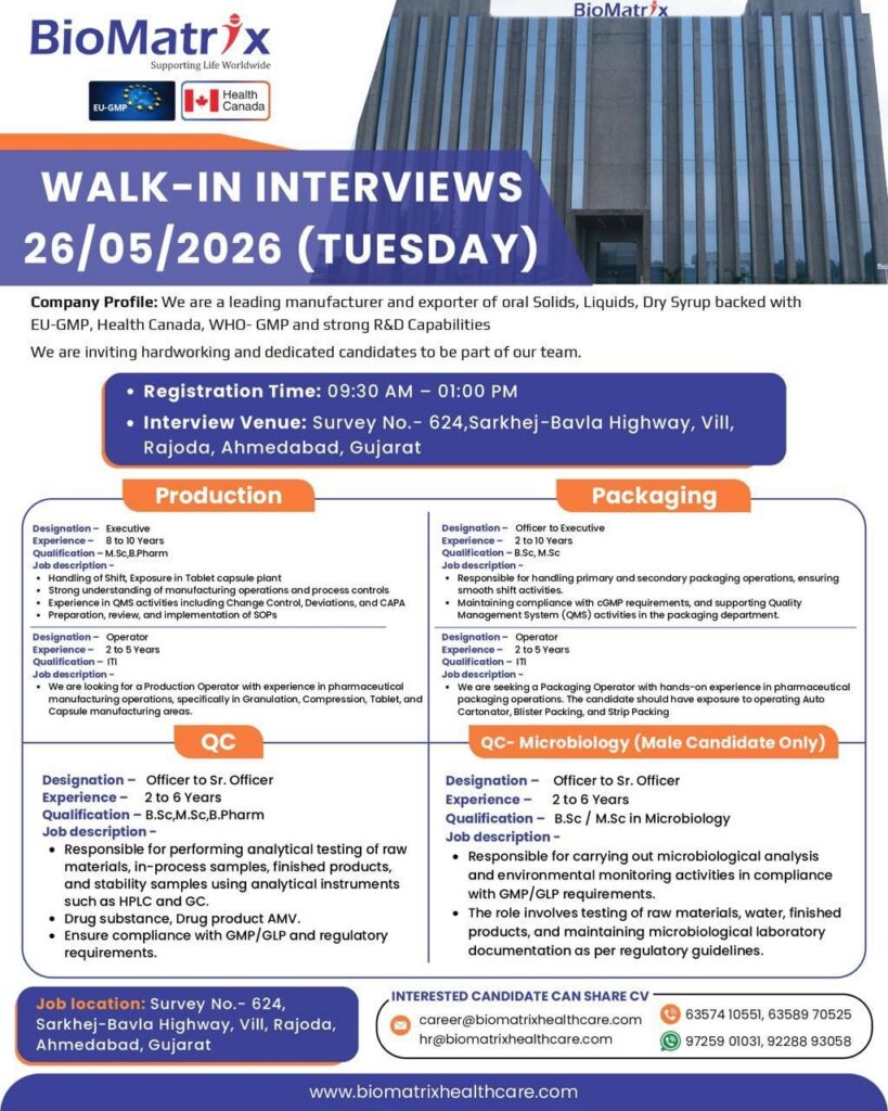 BioMatrix Walk-In Interview | Production, Packaging, QC & Microbiology Jobs