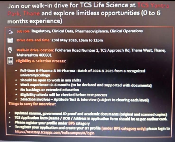 TCS Life Science Walk-In Drive 2026