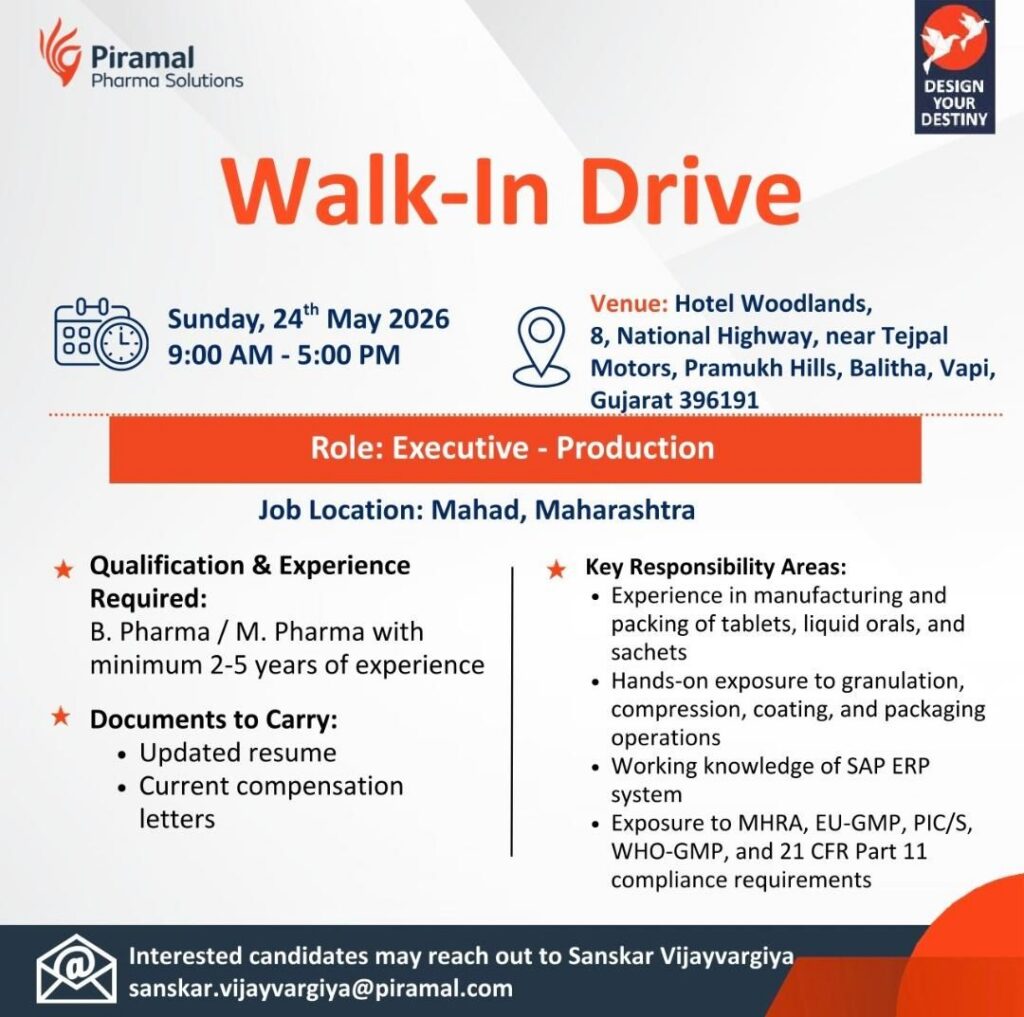 Piramal Pharma Solutions Walk-In Drive for Production Roles
