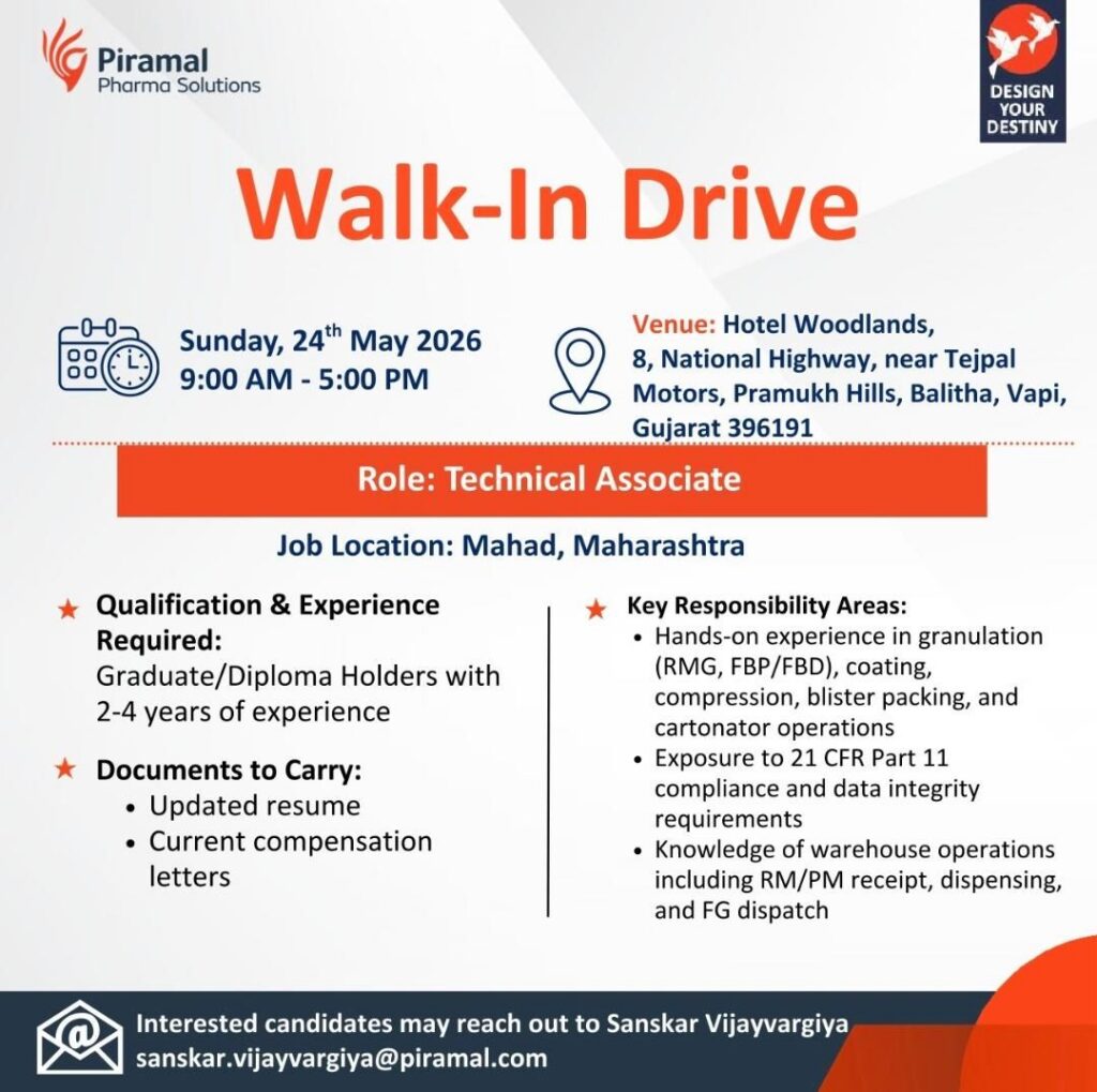 Piramal Pharma Solutions Walk-In Drive for Technical Associate Roles