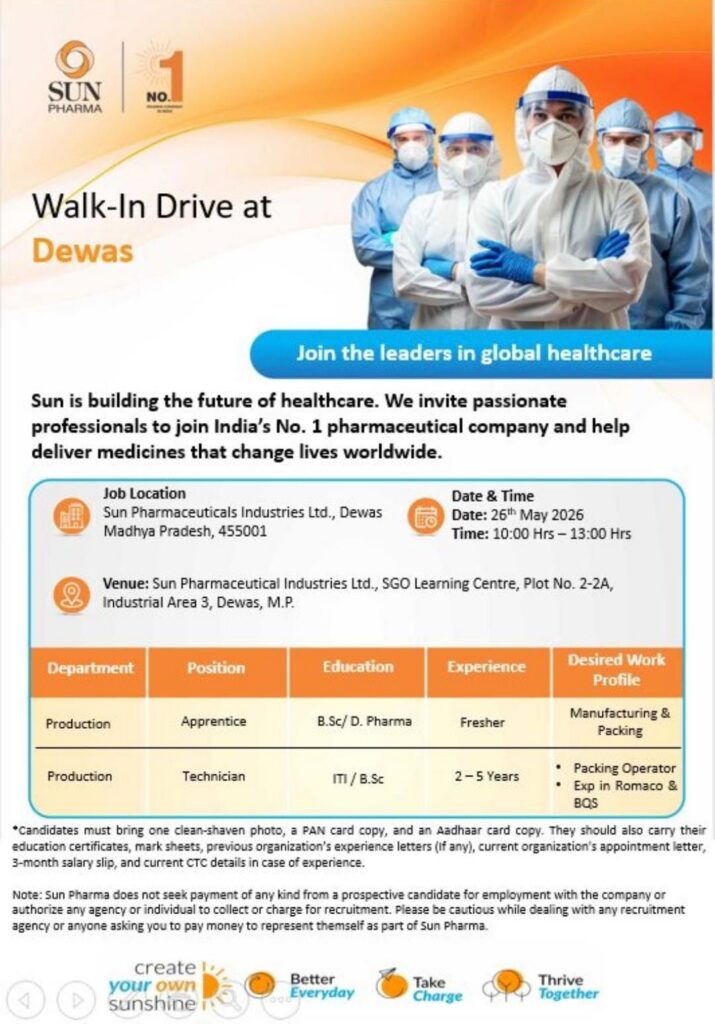 Sun Pharma Walk-In Drive at Dewas for Production Apprentice & Technician Role
