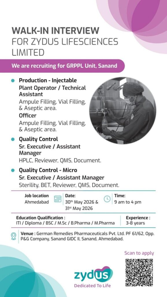 Zydus Lifesciences Walk-In Interview for Production, QC & Microbiology Jobs