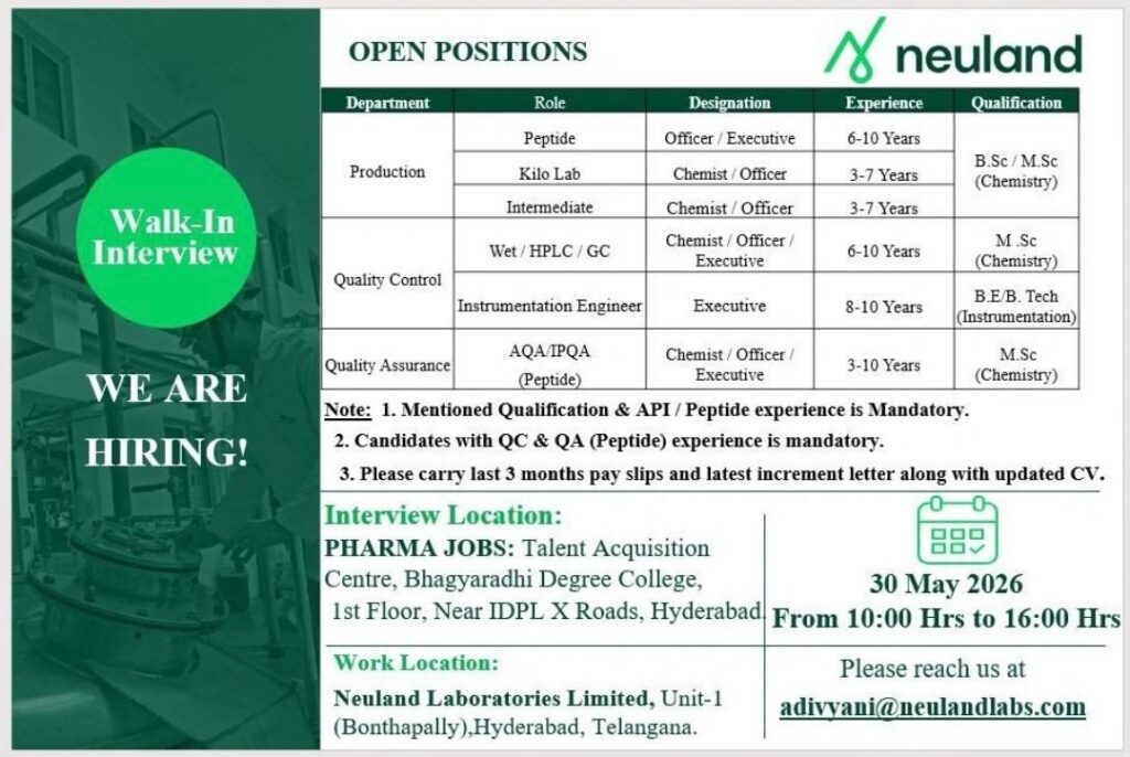 Neuland Laboratories is conducting a walk-in interview in Hyderabad