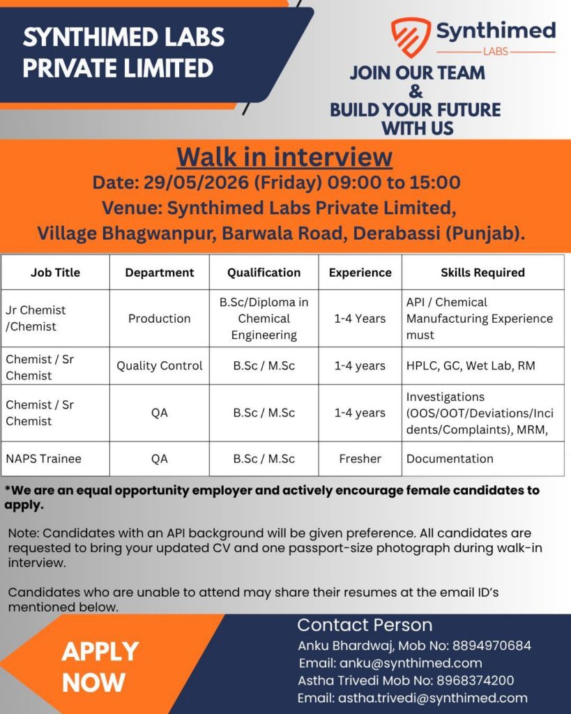Synthimed Labs Walk-In Interview for Production, QC, QA & NAPS Trainee Roles