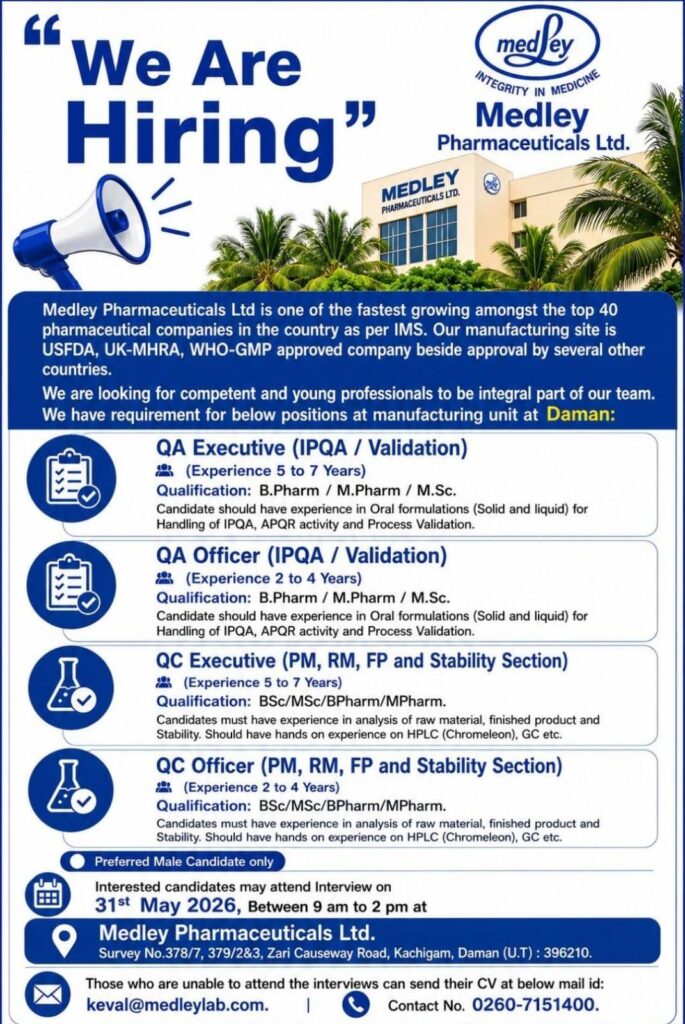 Medley Pharmaceuticals Recruitment | QA & QC Executive and Officer Jobs in Daman
