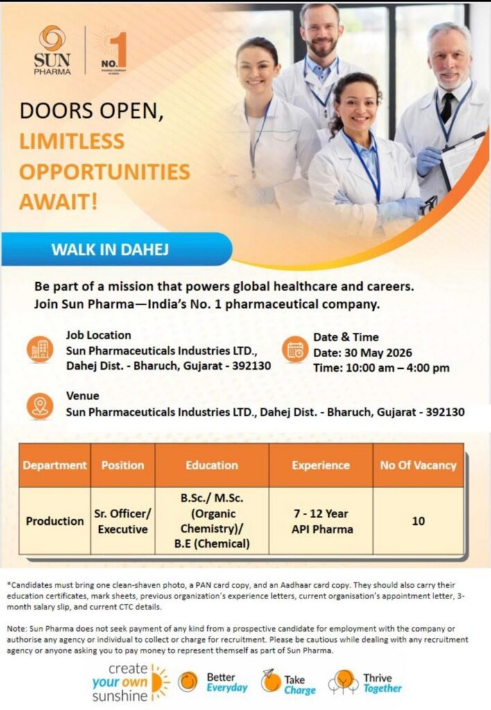 Sun Pharma Walk-In Interview| Production Department Hiring in Dahej