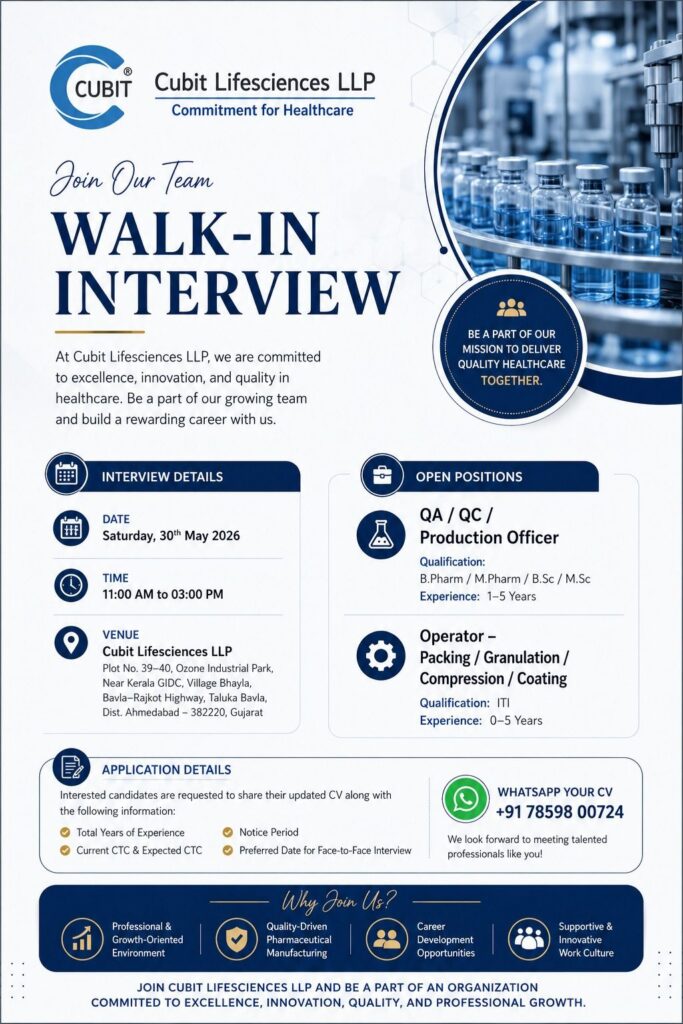 Cubit Lifesciences LLP Walk-In Interview 2026