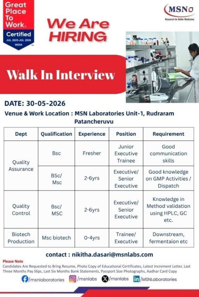 MSN Laboratories Walk-In Interview 2026 | Freshers & Experienced
