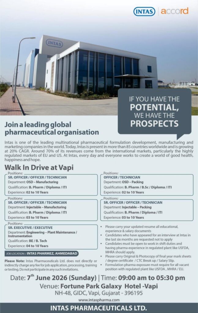 Intas Pharmaceuticals Walk-In Drive for Manufacturing, Packing & Engineering Roles