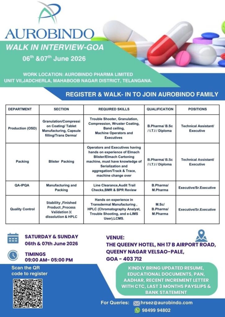 Aurobindo Pharma is conducting a walk-in interview in Goa