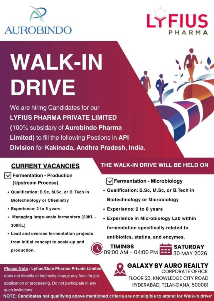 Lyfius Pharma Walk-In Drive for Fermentation Production & Microbiology Roles