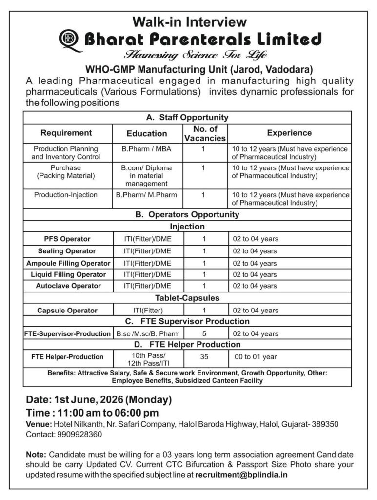Bharat Parenterals Limited Walk-In Interview for Production, Purchase, Operators & FTE Jobs