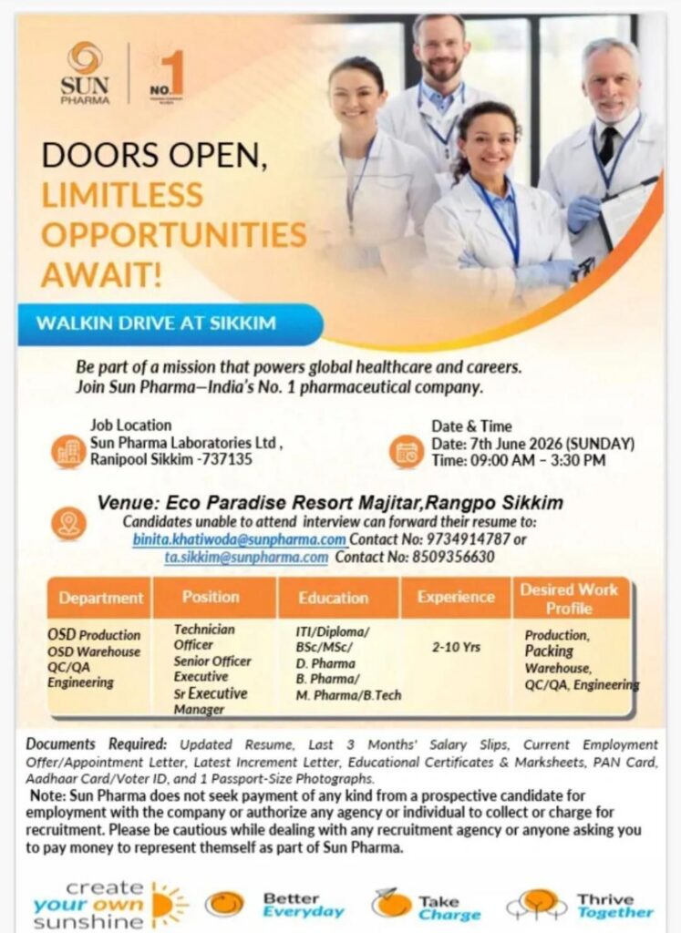 Sun Pharma is conducting a walk-in interview on 7 June 2026 at Sikkim