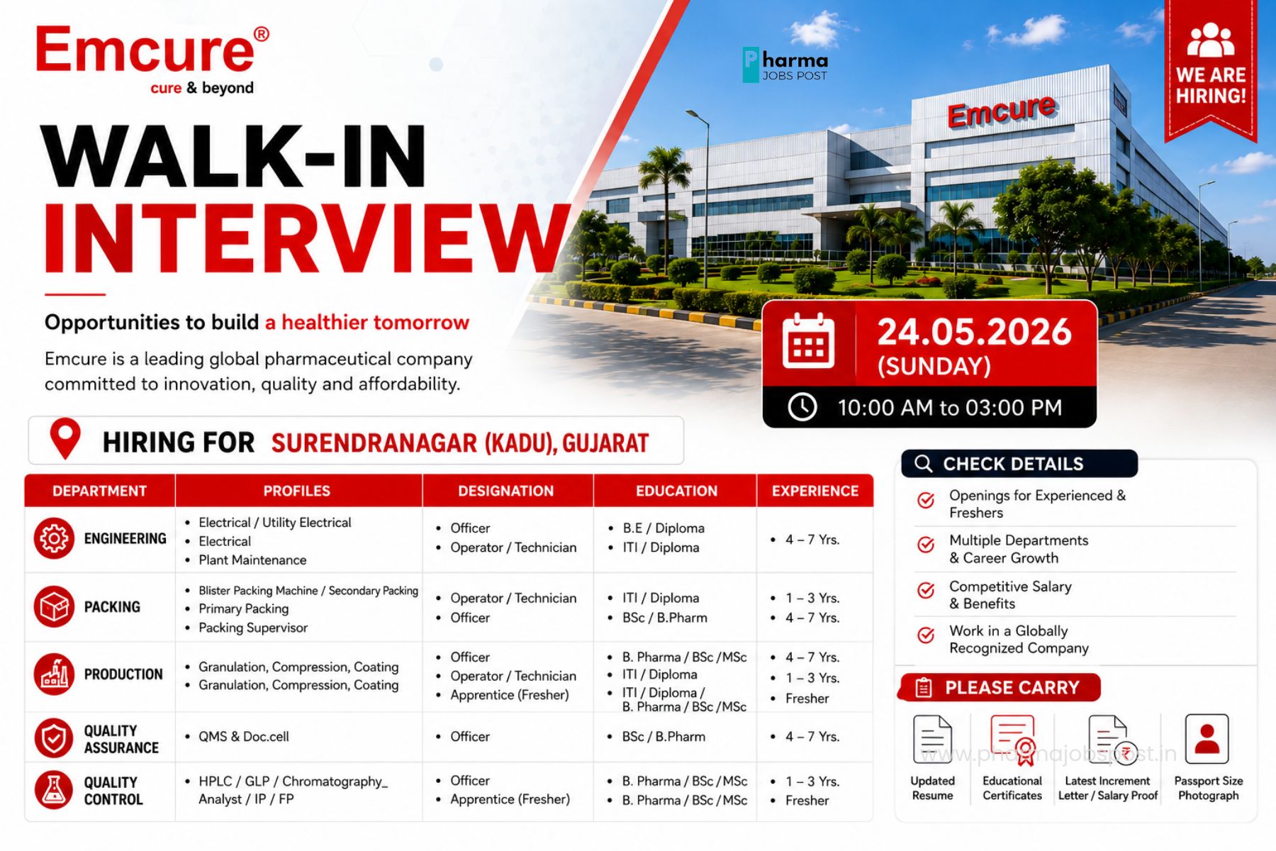 Emcure Walk-In Interview 2026 | Multiple Openings for Engineering ...