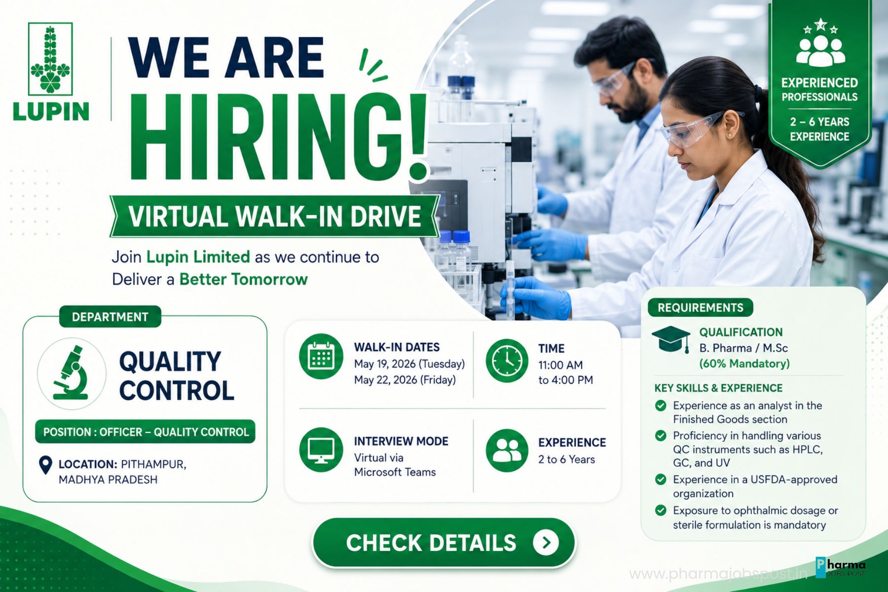 Lupin Limited Virtual Walk-In Drive 2026 for Officer Quality Control ...