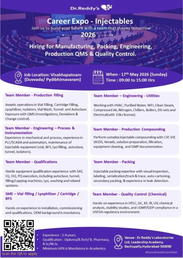 Dr. Reddy’s Career Expo for Injectables |Production, QC & Engineering Jobs