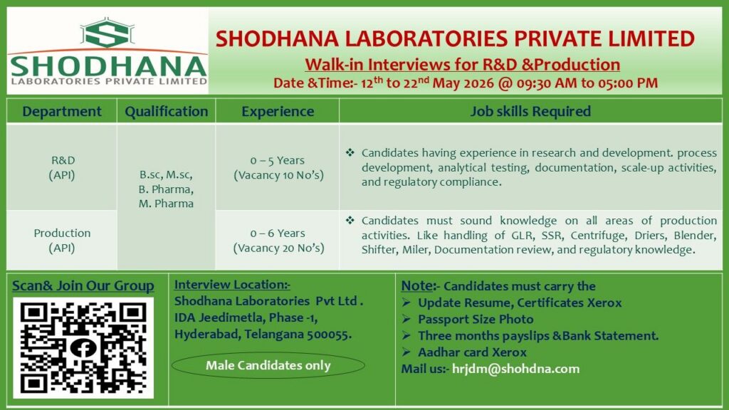 Shodhana Laboratories Walk-In Drive 2026