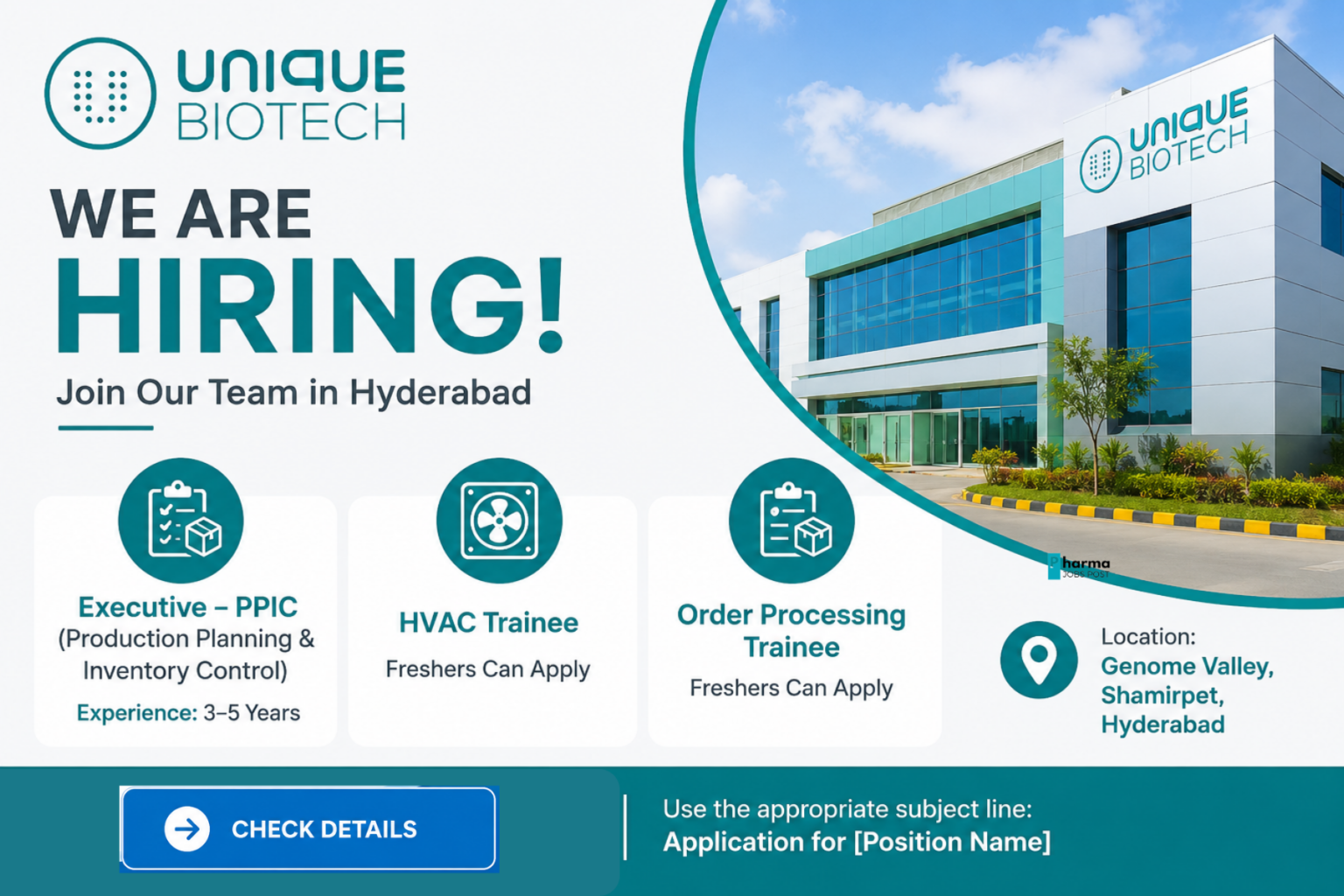 Unique Biotech Limited Hiring Executive PPIC, HVAC Trainee & Order Processing Trainee in Hyderabad