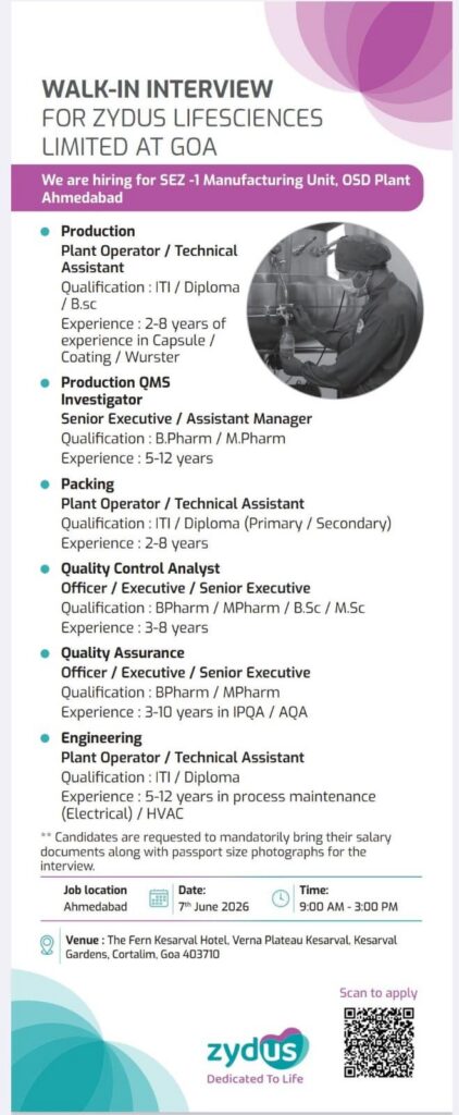 Zydus Lifesciences Walk-In Interview for Production, QA, QC, Packing & Engineering