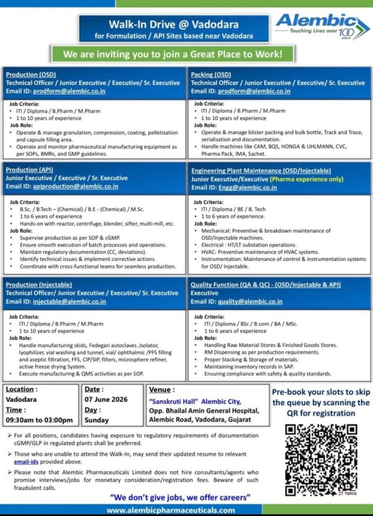 Alembic Pharmaceuticals Walk-In Drive for Production, QA, QC, Engineering & API