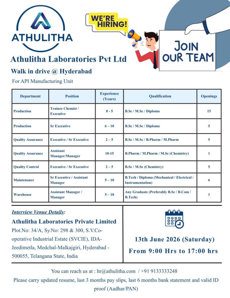 Athulitha Laboratories Walk-In Drive for Production, QA, QC, Maintenance & Warehouse Jobs