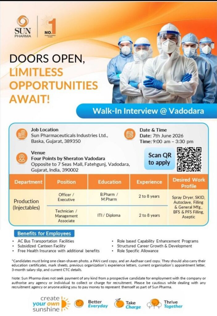 Sun Pharma Walk-In Interview for Production Injectables Jobs in Vadodara