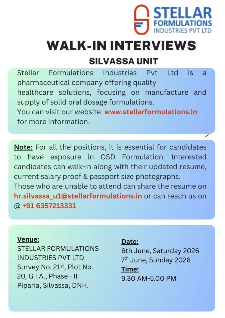 Stellar Formulations Walk-In Interview for multiple openings 