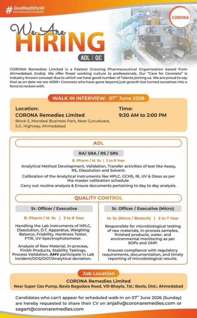 CORONA Remedies Walk-In Interview for ADL & QC Professionals