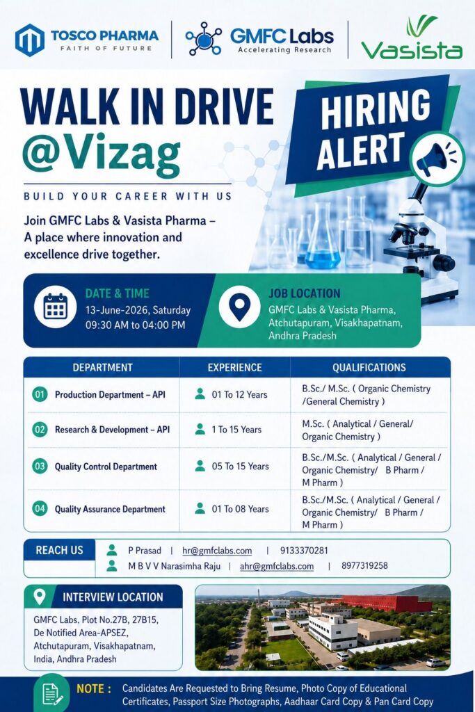 GMFC Labs & Vasista Pharma are conducting a Walk-In Drive on 13 June 2026 at Vizag