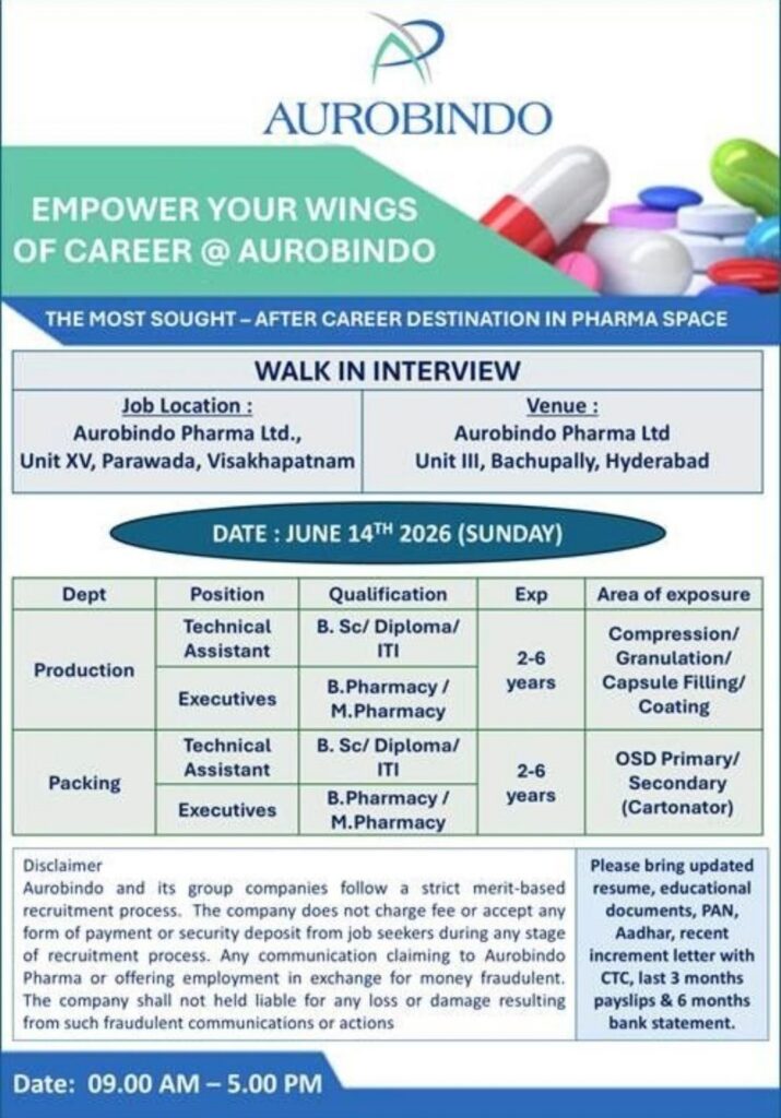 Aurobindo Pharma Walk-In Interview 2026 for Production & Packing Departments