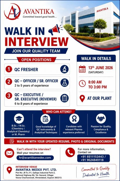 Avantika Medex Walk-In Interview for QC Freshers, Officers & Executives