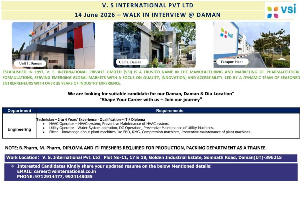 V. S. International Walk-In Interview 2026