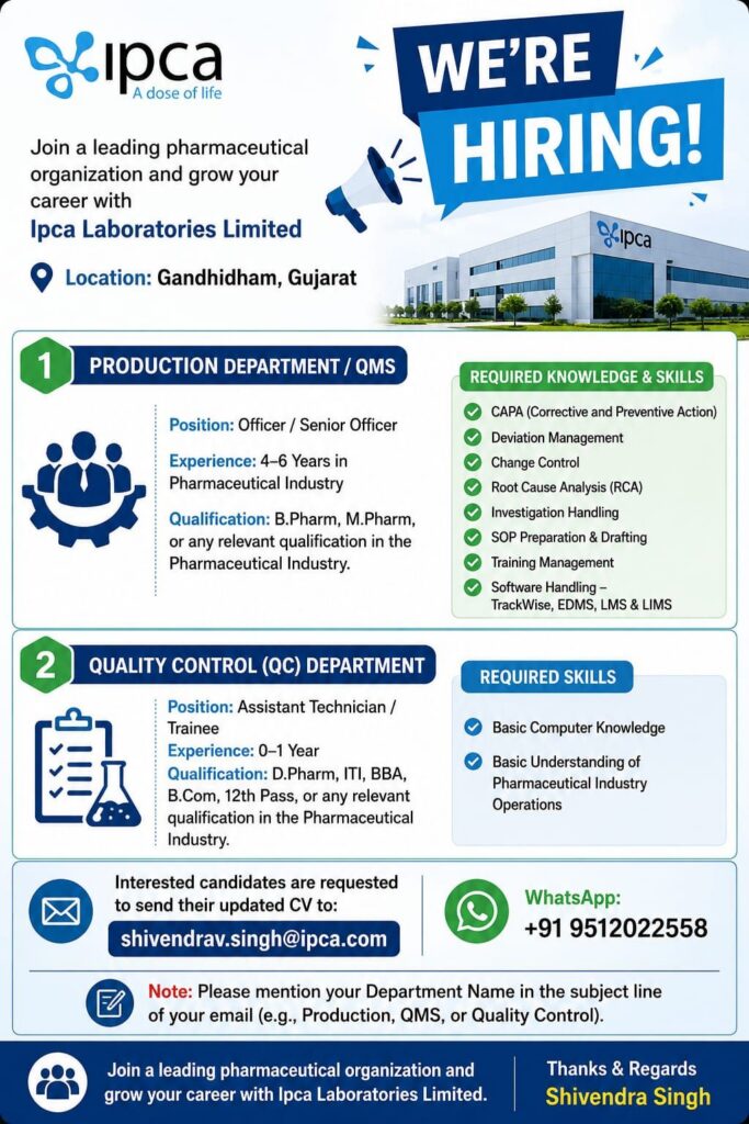 Ipca Laboratories Recruitment 2026 | Production, QMS & QC Jobs in Gujarat