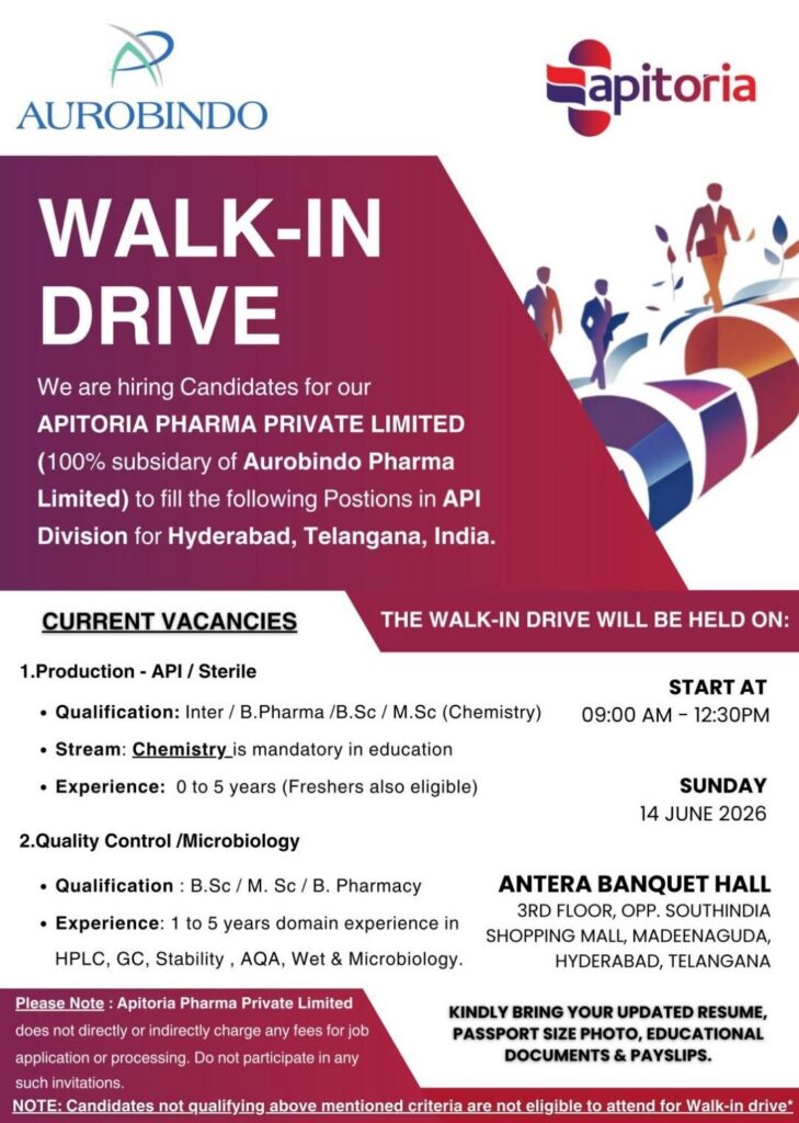 Apitoria Pharma Recruitment 2026 – Walk-In Drive