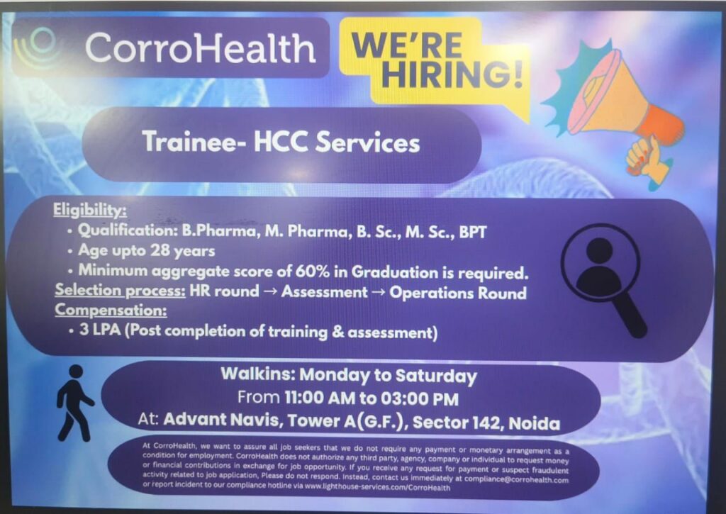 CorroHealth Walk-In Hiring| Trainee HCC Services Jobs for B.Pharm, M.Pharm, B.Sc, M.Sc & BPT Freshers