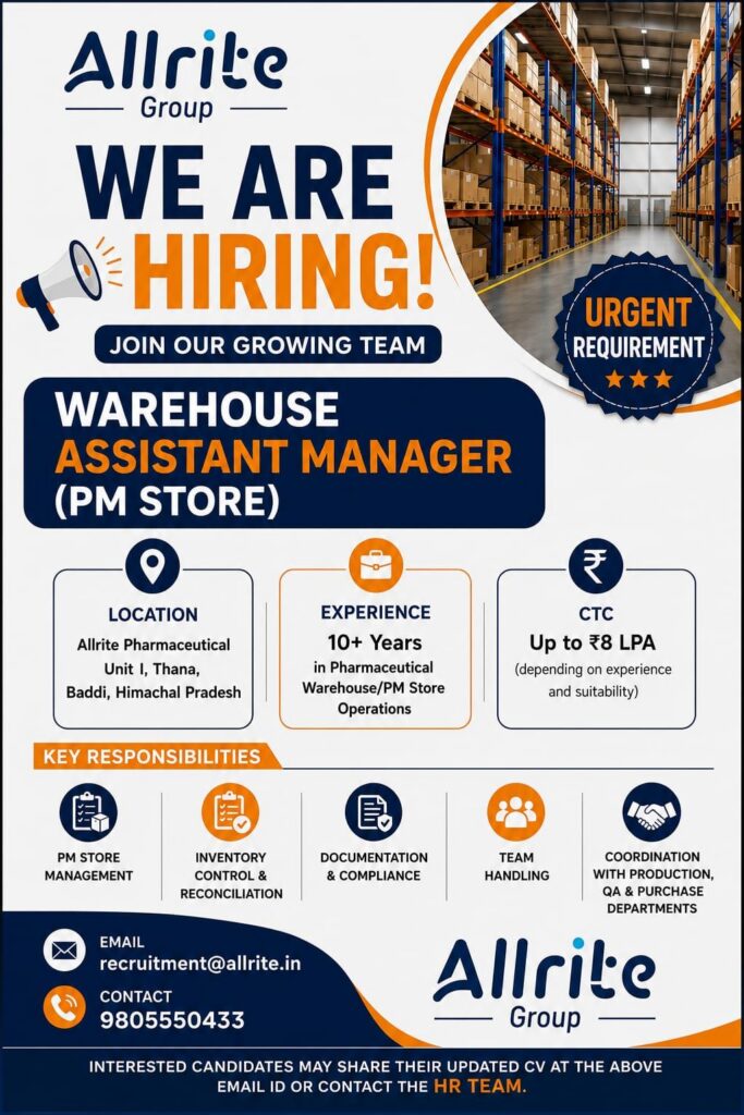 Allrite Group Hiring Warehouse Assistant Manager (PM Store) in Baddi 