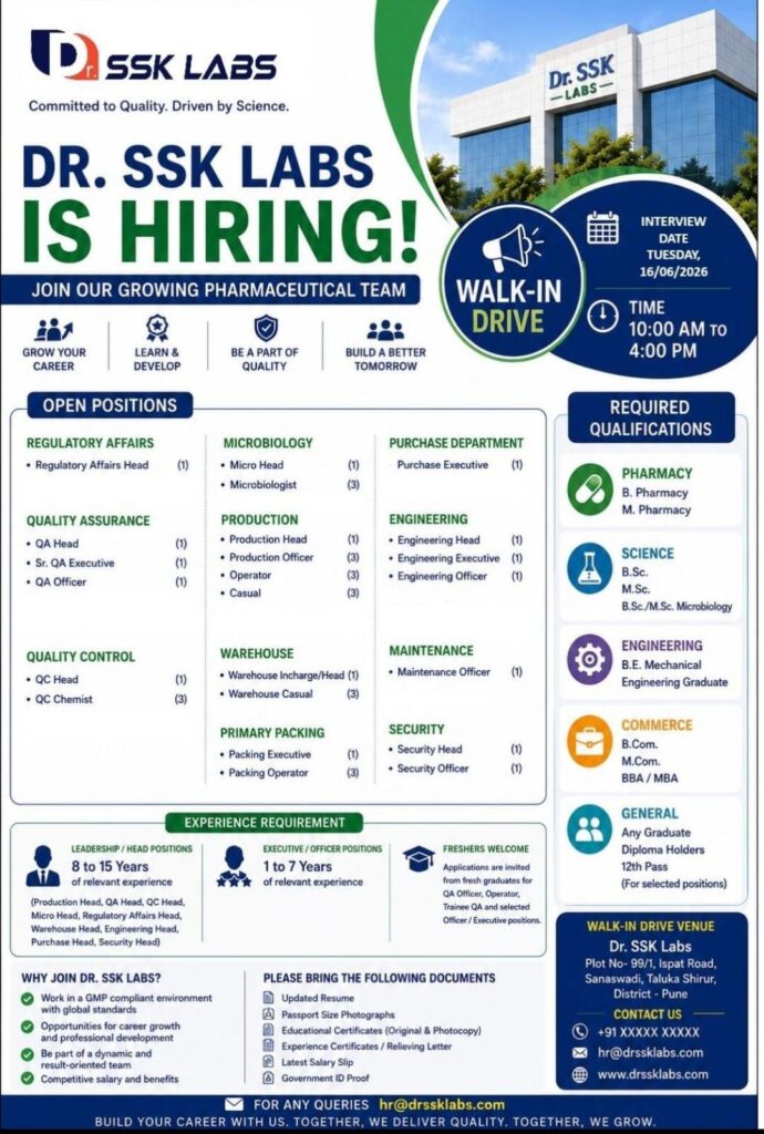 Dr. SSK Labs Walk-In Drive for QA, QC, Production, Engineering & Regulatory Affairs 