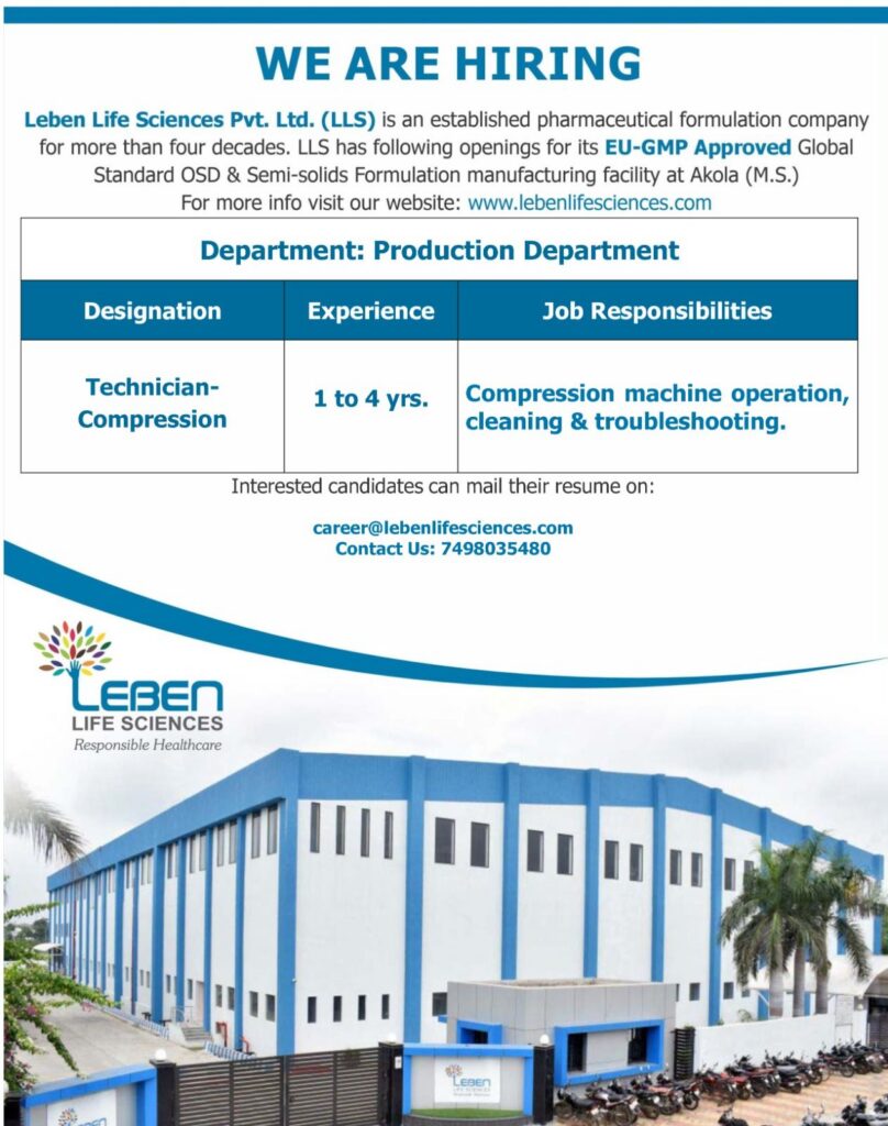 Leben Life Sciences Hiring Technician Compression – Production Department | Pharma Jobs