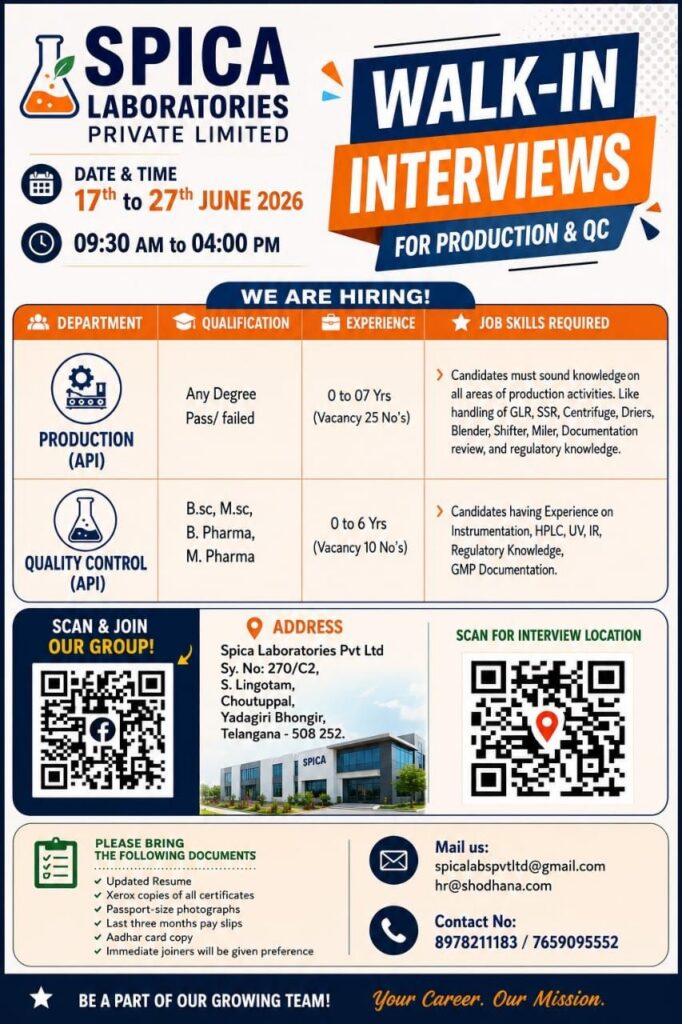 Spica Laboratories Walk-In Interview for Production & Quality Control Jobs