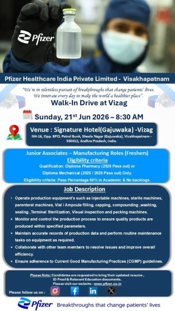 Pfizer Healthcare India Walk-In Drive 2026 – Freshers Opportunity in Visakhapatnam