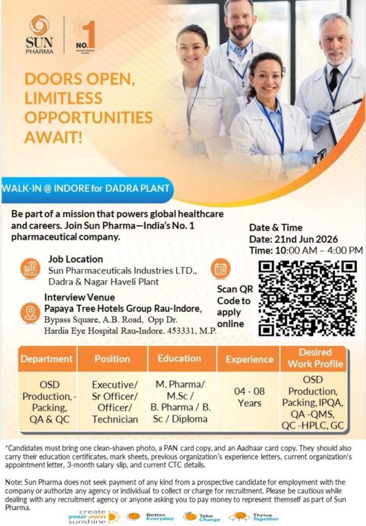 Sun Pharma Walk-In Interview in Indore for Dadra Plant