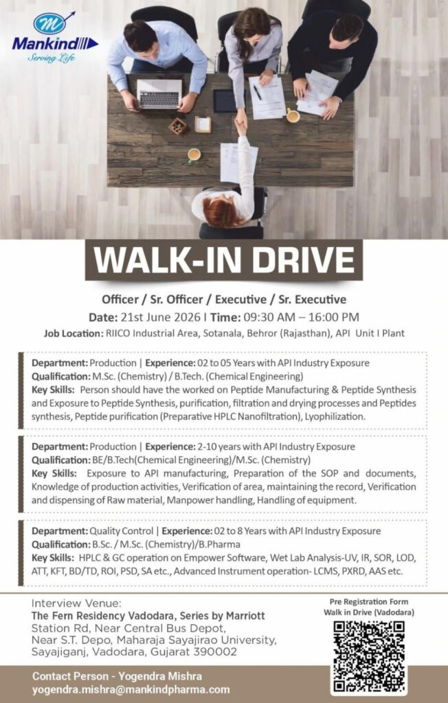 Mankind Pharma Walk-In Drive for Production & QC Jobs